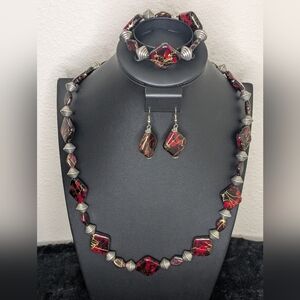 Bold Abstract Red & Gold Statement Jewelry Set - Necklace, Bracelet, Earrings
